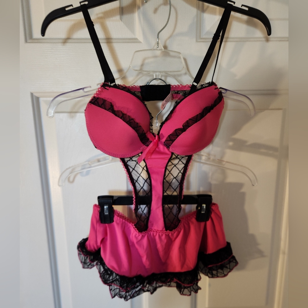 Pink and Black One-piece Lingerie Outfit with Skirt Bottom